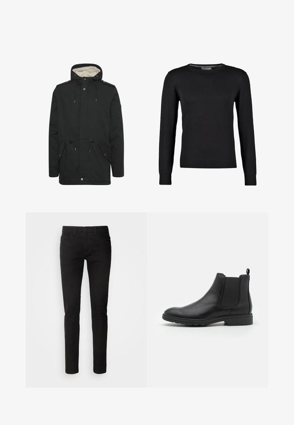 Sort parka-jakke med en blød indvendig foring, justerbar snoretræk til hætten, to frontlommer og knaplukning.; Sort strikket sweater med lange ærmer, rund halsudskæring samt ribbede manchetter og bund. Glat tekstur og tætsiddende design.; Sorte denimjeans med slim fit, fem lommer, lynlås og en ren, glat tekstur. Standard talje med bæltestropper.; Sort læder Chelsea-boot med elastiske sidepaneler og en løftestrop, der har en rund tå og en tekstureret gummisål.