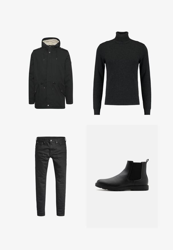 Sort parka-jakke med en blød indvendig foring, justerbar snoretræk til hætten, to frontlommer og knaplukning.; Sort turtleneck sweater lavet af uld. Har lange ærmer, ribbede mansjetter og søm, glat tekstur og en tætsiddende pasform.; Sorte slim-fit jeans med forlommer, bæltestropper og en knappelukning, præsenteret mod en hvid baggrund.; Sorte læder Chelsea støvle med elastiske sidepaneler, en trækflap og en holdbar gummisål. Glat tekstur og strømlinet design.