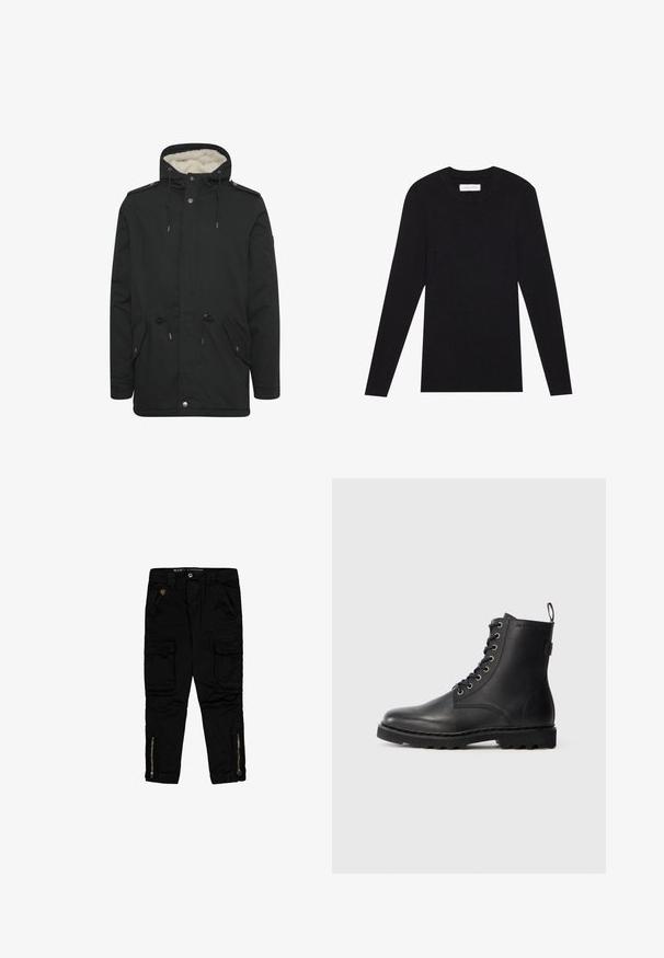 Sort parka-jakke med en blød indvendig foring, justerbar snoretræk til hætten, to frontlommer og knaplukning.; Pier One by Zalando MUSCLE FIT KNITJUMPER - Striktrøje - black; Sorte cargo-bukser lavet af bomuld, med sidelommer, lynlåse ved anklerne og en regular-fit design.; Sort læder ankelstøvle med rund tå, snøredesign og metaløjer. Har en tekstureret sål og en pull-tab ved hælen for nem påtagning.