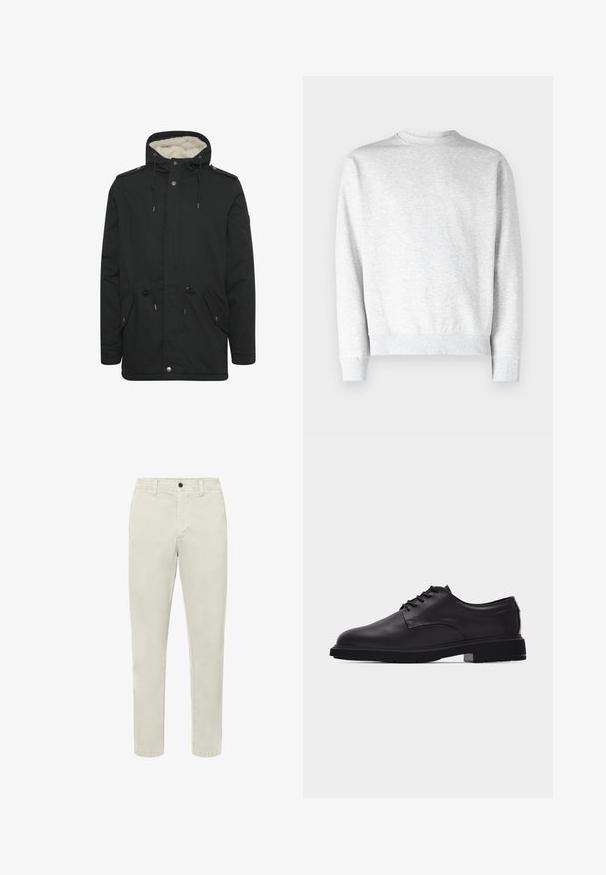 Sort parka-jakke med en blød indvendig foring, justerbar snoretræk til hætten, to frontlommer og knaplukning.; Lys grå crewneck sweatshirt lavet af blødt fleece-materiale, med ribbestrikkede manchetter og kant, samt en glat, tekstureret overflade.; Lyse beige, slim fit bukser med frontknap og lynlås, bæltestropper og sidelommer, vist på hvid baggrund.; Sort herresko i læder med snørebånd, glat finish og tyk gummisål vist fra siden på hvid baggrund.