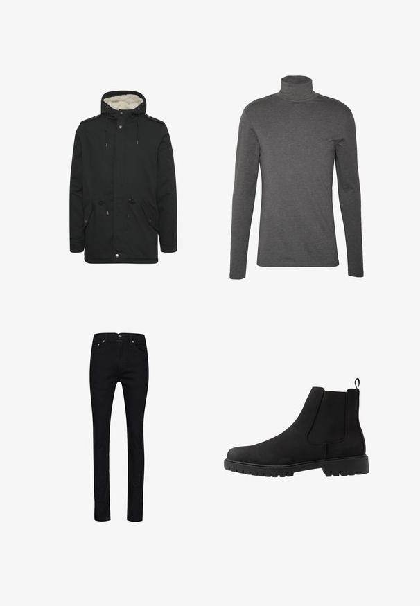 Sort parka-jakke med en blød indvendig foring, justerbar snoretræk til hætten, to frontlommer og knaplukning.; Grå langærmet turtleneck-skjorte lavet af blødt stof, med en tætsiddende design og minimale stitching-detaljer omkring halsen og manchetterne.; Sorte jeans lavet af denim med en lige pasform, fem lommer, metal knapper og en enkelt baglomme med syningsdetaljer.; Pier One by Zalando UNISEX - Støvletter - black