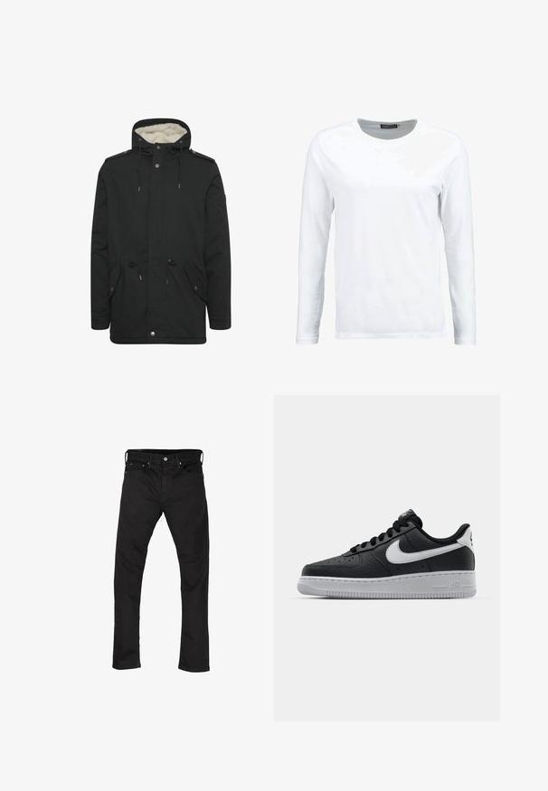 Sort parka-jakke med en blød indvendig foring, justerbar snoretræk til hætten, to frontlommer og knaplukning.; Hvid langærmet t-shirt lavet af bomuld, med rund hals og en glat tekstur. Ingen mønstre eller detaljer. Enkel design.; Sorte denim jeans med lige ben-design, fem-lomme stil og metalknaplukning. Glat tekstur og ensartet farve hele vejen igennem.; Sort lædersneaker med tekstureret overflade, hvid Nike swoosh, grå sål, rund tå og snørebåndsdesign. Har perforeringer på tåboksen.