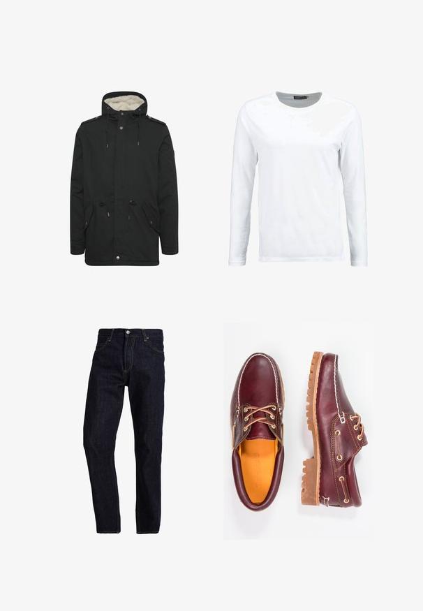 Sort parka-jakke med en blød indvendig foring, justerbar snoretræk til hætten, to frontlommer og knaplukning.; Hvid langærmet t-shirt lavet af bomuld, med rund hals og en glat tekstur. Ingen mønstre eller detaljer. Enkel design.; Mørkeblå denim jeans med lige pasform, med gul syning, fem lommer og en klassisk knap- og lynlås lukning.; Bordeaux lædersko med brune gummisåler, rund tå, hvid syning og gyldne snøringer. Indersiden har et gult for.
