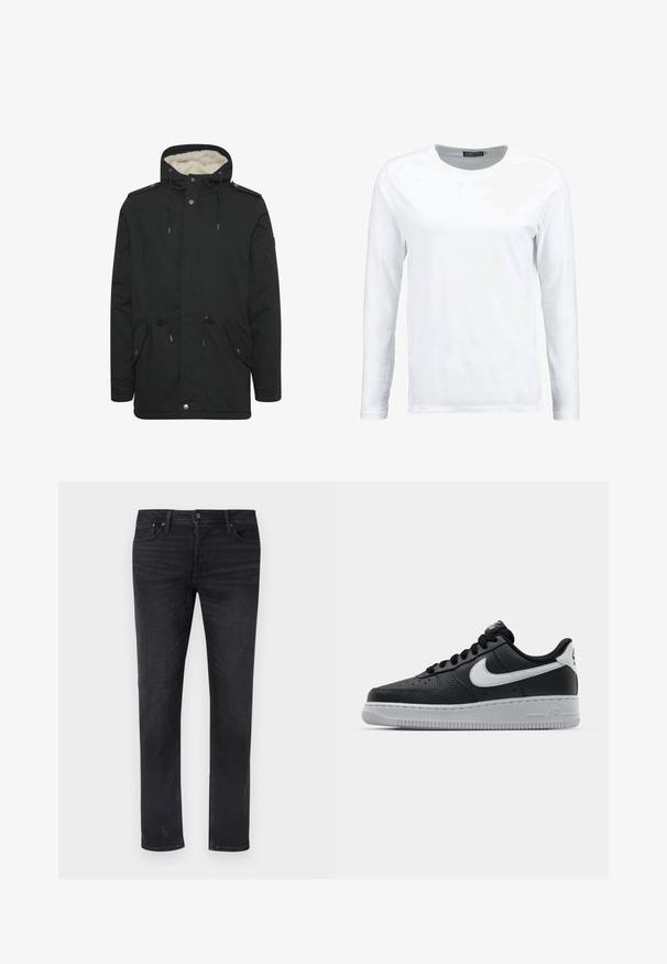 Sort parka-jakke med en blød indvendig foring, justerbar snoretræk til hætten, to frontlommer og knaplukning.; Hvid langærmet t-shirt lavet af bomuld, med rund hals og en glat tekstur. Ingen mønstre eller detaljer. Enkel design.; Sorte denimjeans med lige ben, fem lommer, en midtalje og subtile slidtageeffekter.; Sort lædersneaker med tekstureret overflade, hvid Nike swoosh, grå sål, rund tå og snørebåndsdesign. Har perforeringer på tåboksen.