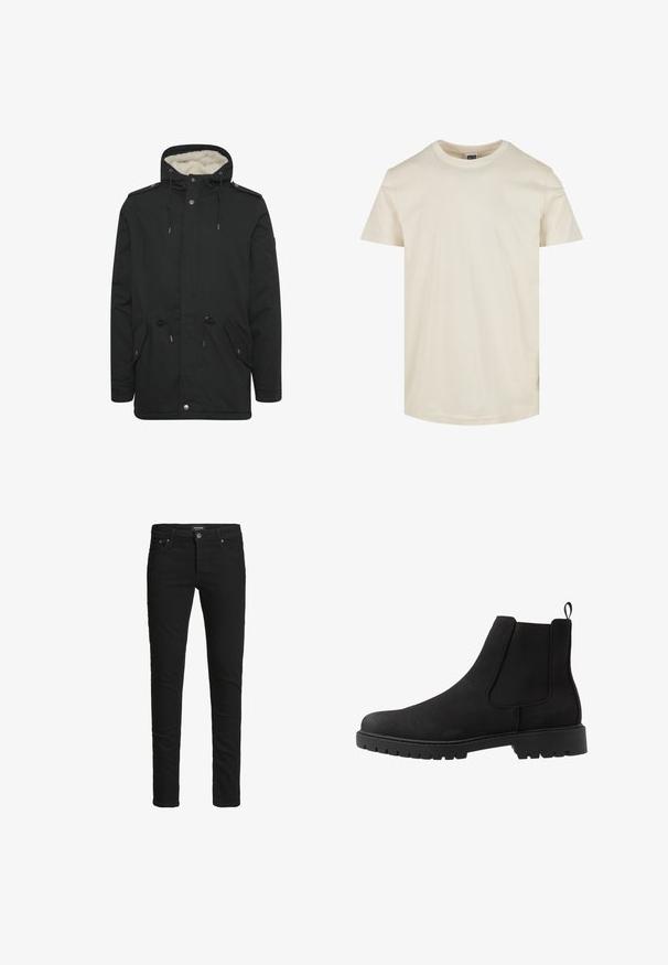 Sort parka-jakke med en blød indvendig foring, justerbar snoretræk til hætten, to frontlommer og knaplukning.; Kortærmet t-shirt med rund hals i en lys beige farve. Fremstillet af blød bomuld, har en glat tekstur og en lige kant.; Slim-fit sorte jeans med fem lommer, knaplukning og bæltestropper, mærket Jack & Jones.; Pier One UNISEX - Støvletter - black