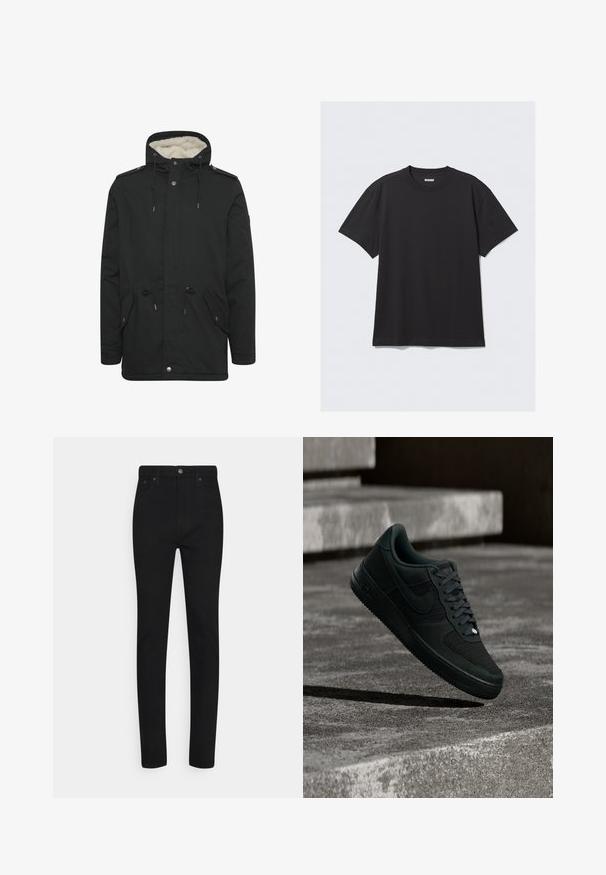 Parka noire avec une doublure intérieure en peluche, capuche avec cordon de serrage réglable, deux poches avant et fermeture à boutons-pression.; T-shirt noir à manches courtes en coton. Il présente un col rond et une coupe décontractée. Design simple sans motifs ni accents visibles.; Jean skinny en denim noir à taille haute, avec une fermeture à bouton à l'avant et cinq poches. Texture lisse et coupe ajustée.; Baskets Nike Air Force 1 noires avec détails en mesh et cuir, flottant au-dessus de marches en béton texturé dans une lumière tamisée.