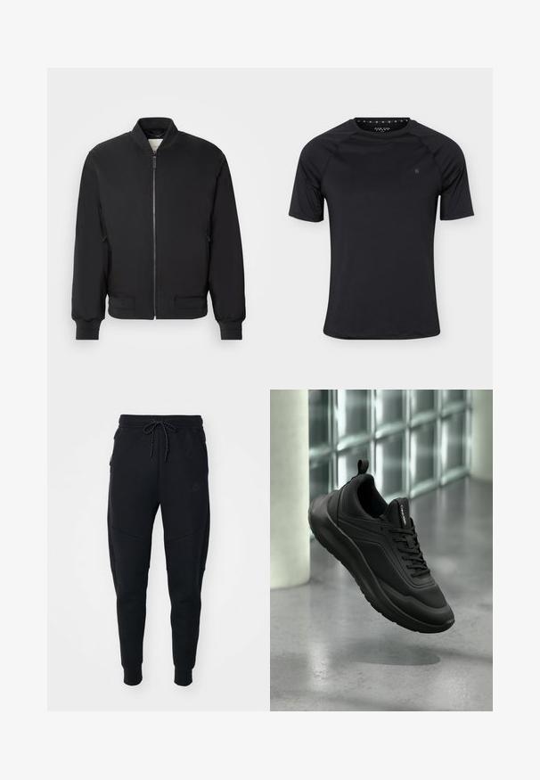 Μαύρο bomber jacket με φερμουάρ μπροστά, ριμπ λαιμό και μανίκια, και πλαϊνές τσέπες; κατασκευασμένο από απαλό, ελαφρύ ύφασμα.; Μαύρο αθλητικό κοντομάνικο μπλουζάκι με στρογγυλή λαιμόκοψη και μικρό λογότυπο στο αριστερό στήθος, εμφανιζόμενο σε απλό ανοιχτό φόντο.; Μαύροι joggers από απαλό ύφασμα, με μέση που ρυθμίζεται με κορδόνι, κωνικά πόδια και πλαϊνές τσέπες με κομψό σχέδιο.; Μαύρο sneaker Calvin Klein με διχτυωτά και στερεά πάνελ, κορδόνια και θηλιά έλξης, αιωρούμενο πάνω από γυαλισμένο τσιμεντένιο πάτωμα κοντά σε γυάλινους τοίχους.