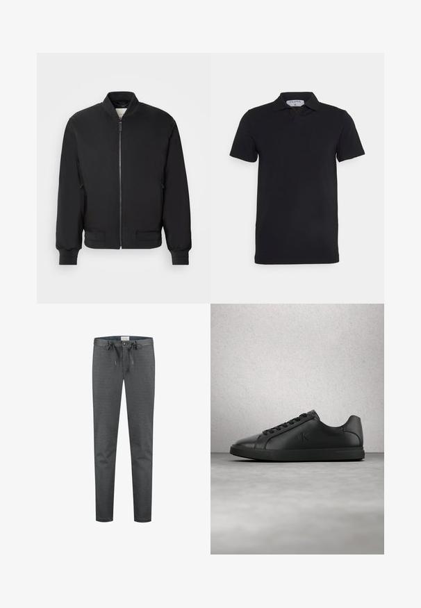 Μαύρο bomber jacket με φερμουάρ μπροστά, ριμπ λαιμό και μανίκια, και πλαϊνές τσέπες; κατασκευασμένο από απαλό, ελαφρύ ύφασμα.; Μαύρο κοντομάνικο πουκάμισο πόλο με κλασικό γιακά, φτιαγμένο από λείο ύφασμα. Διαθέτει ετικέτα με το όνομα της μάρκας 'Filippa K' στο στόμιο.; Γκρίζες, ελαστικές παντελόνες με απαλό υφή, με κορδόνι στη μέση και κουμπί κλεισίματος. Διαθέτουν λεπτή εφαρμογή και ελάχιστες ορατές ραφές.; Μαύρο δερμάτινο αθλητικό παπούτσι με κορδόνια και εγχαραγμένο λογότυπο "ck", να αιωρείται πάνω από γκρίζο πάτωμα κοντά σε τοίχο από γυάλινους κύβους.