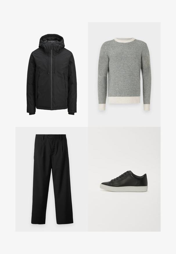 Veste isolée noire avec capuche, fermeture éclair sur le devant, deux poches latérales et poignets côtelés sur les longues manches.; Pull rayé gris et crème avec un col rond côtelé et des poignets. Fabriqué en tissu texturé, offrant un design ajusté et des manches longues.; Pantalons noirs à coupe droite, avec une fermeture à un bouton, deux poches avant et une texture de tissu lisse et léger.; Baskets en cuir noir avec un bout rond, semelle plate en caoutchouc blanc et lacets à six œillets. Texture lisse, style minimaliste.