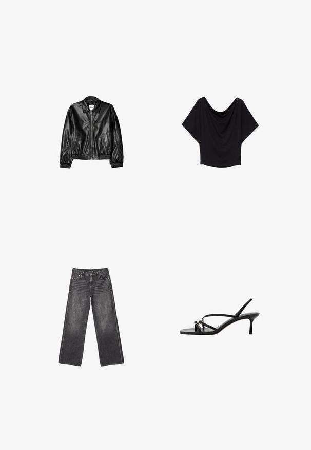 Sort læderjakke med lynlås foran, spids krave og elastiske ærmer. Har to sidelommer og en glat, blank overflade.; Sort cropped top lavet af blødt stof, med en draperet halsudskæring og brede korte ærmer, med en glat tekstur og afslappet pasform.; Mørkegrå denim jeans med vid ben, front- og baglommer, knaplukning og diskrete slidte detaljer.; Sort lædersandal med tynde remme, lav stilethælt og to små gyldne spænder nær tå-loopet.