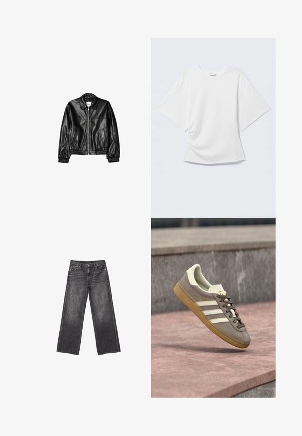 Zwarte leren jas met een ritssluiting aan de voorkant, puntkraag en elastische mouwen. Bevat twee zijzakken en heeft een gladde, glanzende afwerking.; Wit oversized T-shirt met korte mouwen en ronde hals, weergegeven op een lichtgrijze achtergrond.; Donkergrijze wijde denim jeans met voor- en achterzakken, knoopsluiting en subtiele vervaagde details.; Lichtbruine suède Adidas sneaker met witte strepen en een rubberen zool, hangend boven roze stenen traptreden buiten.