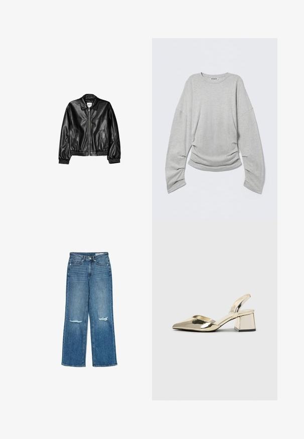 Sort læderjakke med lynlås foran, spids krave og elastiske ærmer. Har to sidelommer og en glat, blank overflade.; Lysegrå langærmet t-shirt med afslappet pasform, rund halsudskæring og detaljer med rynker i siden, lavet af blødt bomuldsstof.; Blå højtaljede brede jeans med slidte huller på begge knæ og klassisk fem-lomme-stil.; Guld, metalliske slingback-hæle med spids tå og kraftig hæl. Glat tekstur, minimalistisk design og en smal strop.
