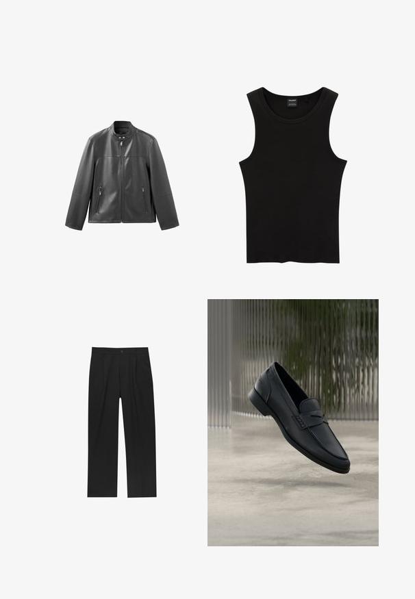 Veste en cuir noire avec col montant, fermeture éclair à l'avant, et deux poches latérales zippées. Présente une texture lisse et une coupe ajustée.; Débardeur noir à côtes avec un col rond et de larges emmanchures, fabriqué à partir d'un tissu doux et extensible. Étiquette : Pull&Bear.; Pantalons noirs au design droit, fabriqués à partir d'un tissu lisse. Dotés de plis sur le devant et d'une fermeture à un bouton à la taille.; Mocassin en cuir noir à finition lisse, bout pointu et détails cousus sur le dessus. Talon bas et design minimaliste.