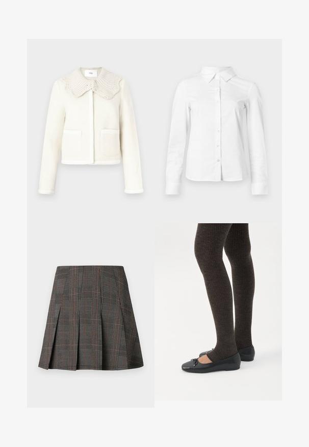 Veste en mélange de laine blanche avec un col côtelé texturé, des poches avant et une bordure contrastante le long des bords.; Chemise blanche à manches longues avec boutons, col pointu, ourlet droit et silhouette ajustée, présentée sur un fond clair uni.; Jupe à carreaux gris avec des plis, ornée de motifs complexes en noir et blanc, accentuée par de fines lignes rouges. Fabriquée dans un tissu structuré.; Jambes portant des leggings côtelés foncés associés à des ballerines noires avec de petits détails en nœud sur fond blanc.