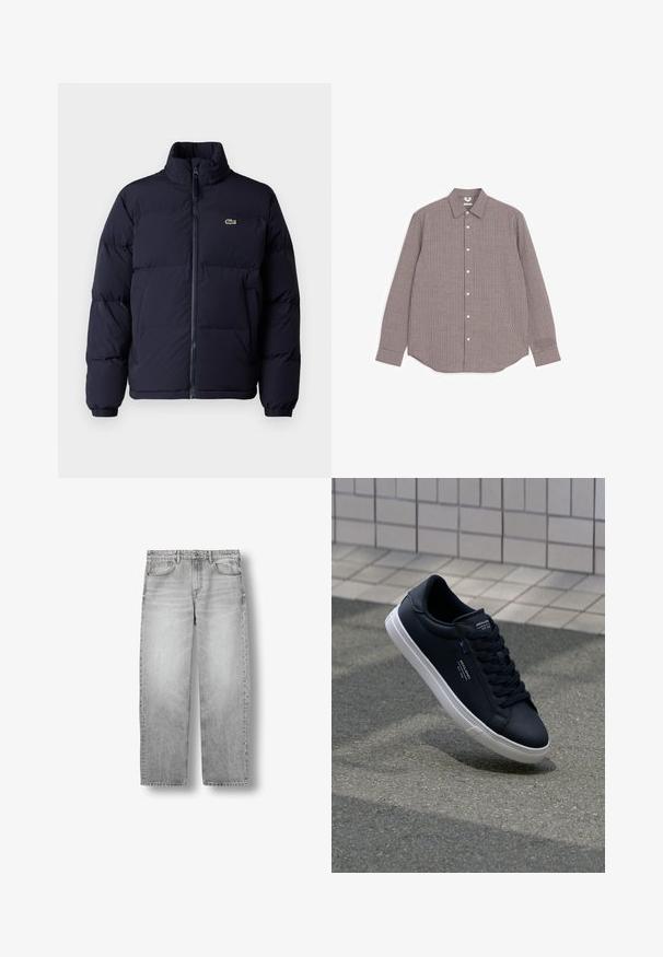 Abrigo puffer azul marino con cuello alto, cierre de cremallera y puños elásticos. Presenta un pequeño logo verde en la parte superior izquierda del pecho.; Camisa de manga larga con botones y pequeño estampado de cuadros en blanco y negro, con cuello clásico y puños abotonados.; Vaqueros rectos de color gris claro con bolsillos delanteros, trabillas para cinturón y cierre de botón, presentados planos sobre un fondo blanco.; Zapatilla de cuero negro con textura suave, suela de goma blanca y cordones en tono. Presenta acentos de la marca en la lengüeta y en el lateral.