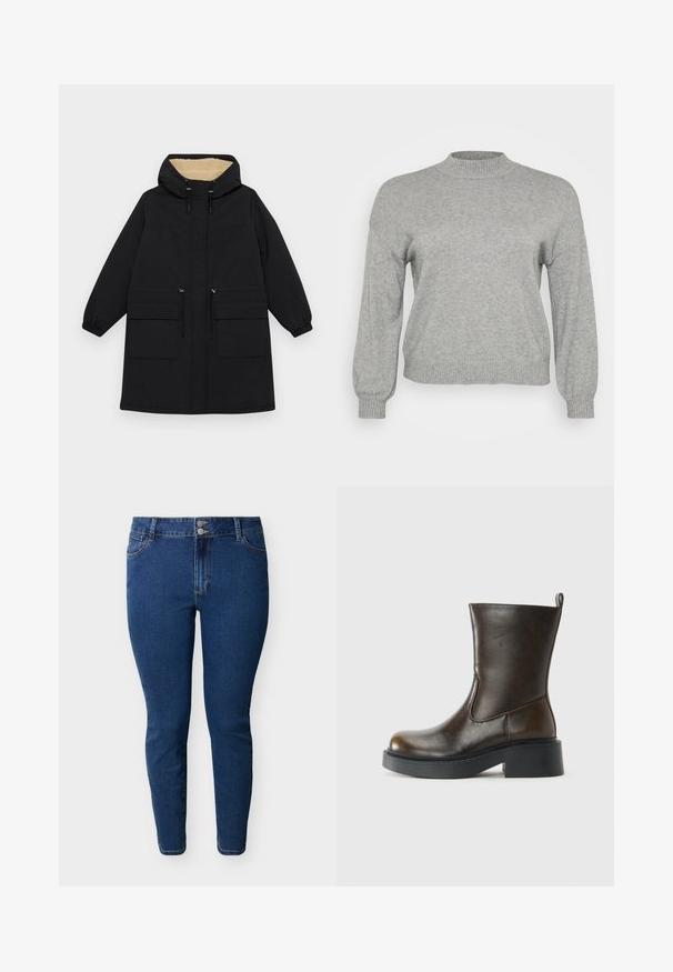 Manteau noir à capuche avec une doublure beige chaude, dotée de deux grandes poches avant, d'une taille à cordon de serrage et de poignets élastiques.; Pull en tricot gris clair à manches longues, avec un col rond côtelé, des poignets et un ourlet, présenté sur un fond blanc.; Jean skinny bleu taille haute avec deux boutons à l'avant, poches avant et passants pour ceinture, présenté sur un fond clair uni.; Botte en cuir marron foncé jusqu'au mollet avec un bout rond, épaisse semelle noire, petit talon block, et une languette à l'arrière.