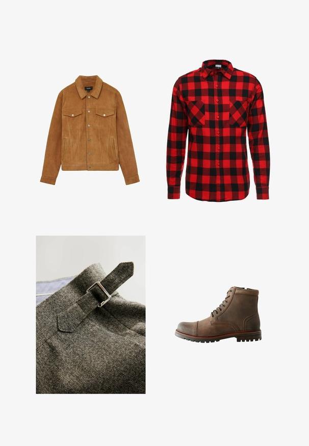 Braune Wildlederjacke mit Kragen, zwei Brusttaschen und Seitentaschen. Verfügt über silberne Knöpfe und eine taillierte Silhouette.; Rot-schwarz kariertes Flanellhemd mit Knopfleiste, langen Ärmeln und zwei Brusttaschen. Strukturierter Stoff mit kariertem Muster.; Grau strukturiertem Stoff mit einem Riemen mit Schnalle. Das Design zeichnet sich durch einen modernen Schnitt und sichtbare Nähte aus.; Braune Lederknöchelstiefel mit abgerundeter Spitze, gepolstertem Kragen, Schnürung mit sechs Ösen und strukturiertem Gummisohle. Genähte Akzente an den Seiten.