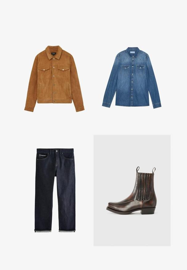 Brun ruskindsjakke med krave, to brystlommer og sidelommer. Har sølvknapper og en figursyet silhuet.; Mørkeblå denimskjorte med lange ærmer, klassisk krave, knaplukning fortil, to brystlommer og kontrasterende stiklinger på sømmene.; Mørkeblå denimjeans med opsmøgede manchetter, knap- og lynlåslukning, for- og møntlommer samt kontrastsyning på hvid baggrund.; Brun læder ankelstøvle med en glat overflade, elastiske sidepaneler, en rund tå, dekorativ syning og en lav blokhæl.