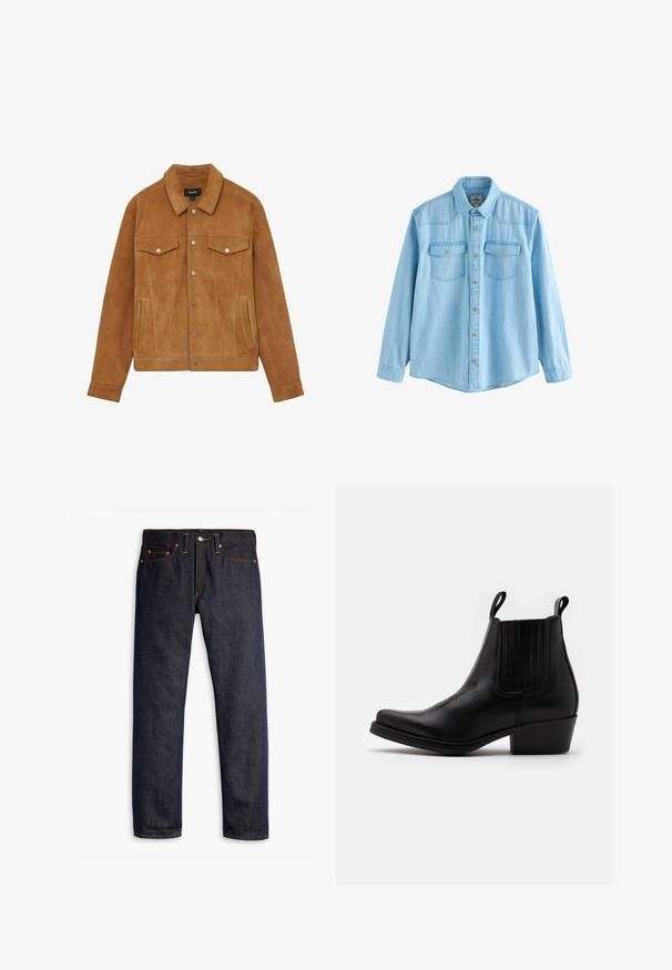Brun ruskindsjakke med krave, to brystlommer og sidelommer. Har sølvknapper og en figursyet silhuet.; Lyseblå denimskjorte med lange ærmer, knapper foran og to brystlommer med knaplukning.; Mørkeblå denimjeans med lige pasform, fem-lomme design, kobbernitter, gul syning og et markant struktureret stof.; Kentucky's Western Cowboy- / bikerstøvlette - black