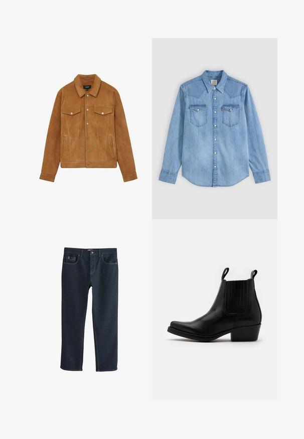 Brun ruskindsjakke med krave, to brystlommer og sidelommer. Har sølvknapper og en figursyet silhuet.; Lyseblå denim langærmet skjorte med spids krave, to brystlommer med klapper og hvide trykknapper foran.; Mørkeblå denimjeans med lige ben, der har forlommer og diskrete syningsdetaljer. Glat tekstur, klassisk stil.; Kentucky's Western Cowboy- / bikerstøvlette - black