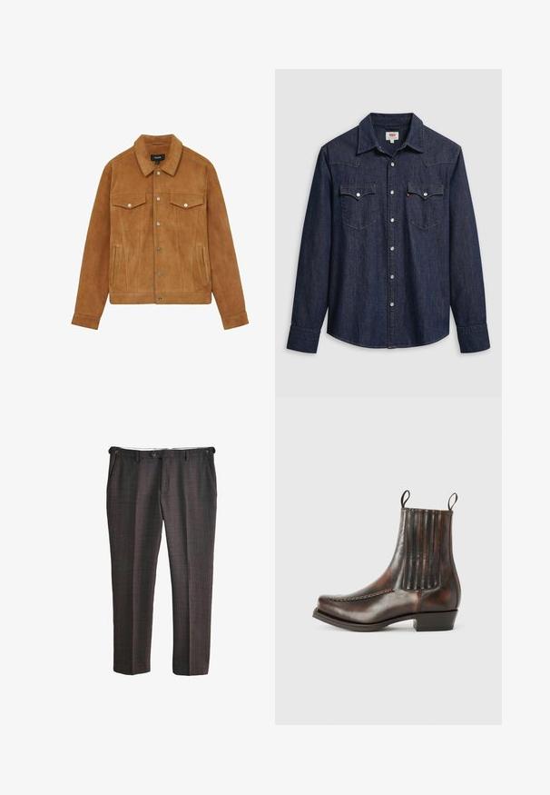 Brun ruskindsjakke med krave, to brystlommer og sidelommer. Har sølvknapper og en figursyet silhuet.; Mørkeblå denimskjorte med spids krave, trykknapper og brystlommer. Har syningsdetaljer og lange ærmer.; Mørkegrå formelle bukser med subtilt vinduesrude-mønster, forknap og sidelommer, vist fladt på en hvid baggrund.; Brun læder ankelstøvle med en glat overflade, elastiske sidepaneler, en rund tå, dekorativ syning og en lav blokhæl.