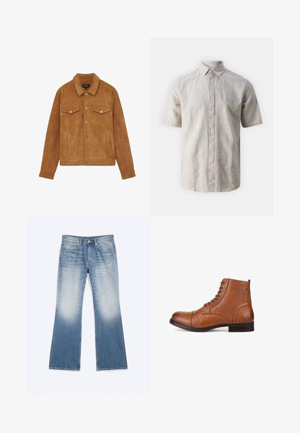 Brun ruskindsjakke med krave, to brystlommer og sidelommer. Har sølvknapper og en figursyet silhuet.; Kortærmet skjorte med knapper i lys beige linned, med klassisk krave, frontlukning med knapper og en afslappet pasform, samt subtil tekstur.; Blå falmede denimjeans med høj talje, fem lommer, knaplukning og en let flared bund.; Brune læder ankelstøvler med rund tå, struktureret overdel, metaløjer og snørebånd. Solid sål med en let hæl og forstærket syning.