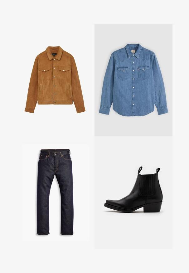 Brun ruskindsjakke med krave, to brystlommer og sidelommer. Har sølvknapper og en figursyet silhuet.; Langærmet blå denimskjorte med spids krave, knappet front og to brystlommer med knapklapper på ensfarvet baggrund.; Mørkeblå lige ben denim jeans med fem lommer og orange kontrastsyning, lagt fladt ud mod hvid baggrund.; Kentucky's Western Cowboy- / bikerstøvlette - black