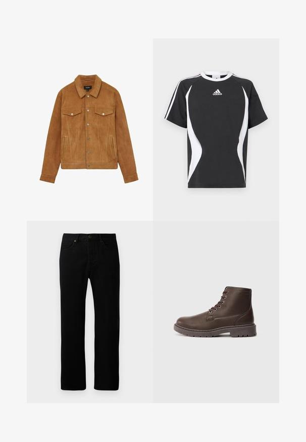 Braune Wildlederjacke mit Kragen, zwei Brusttaschen und Seitentaschen. Verfügt über silberne Knöpfe und eine taillierte Silhouette.; Schwarzes kurzärmeliges T-Shirt mit weißen Designakzenten und Adidas-Logo auf der Brust. Hergestellt aus weichem Baumwollmaterial mit Rundhalsausschnitt.; Schwarze Jeans aus Denim mit geradem Bein, Fünf-Taschen-Design, vorn mit Knopfverschluss und dezenten Nähdetails.; Braune Leder-Schnürstiefelette mit dickem, robustem Profilsohle und Metallösen, Seitenansicht vor einem schlichten hellgrauen Hintergrund.