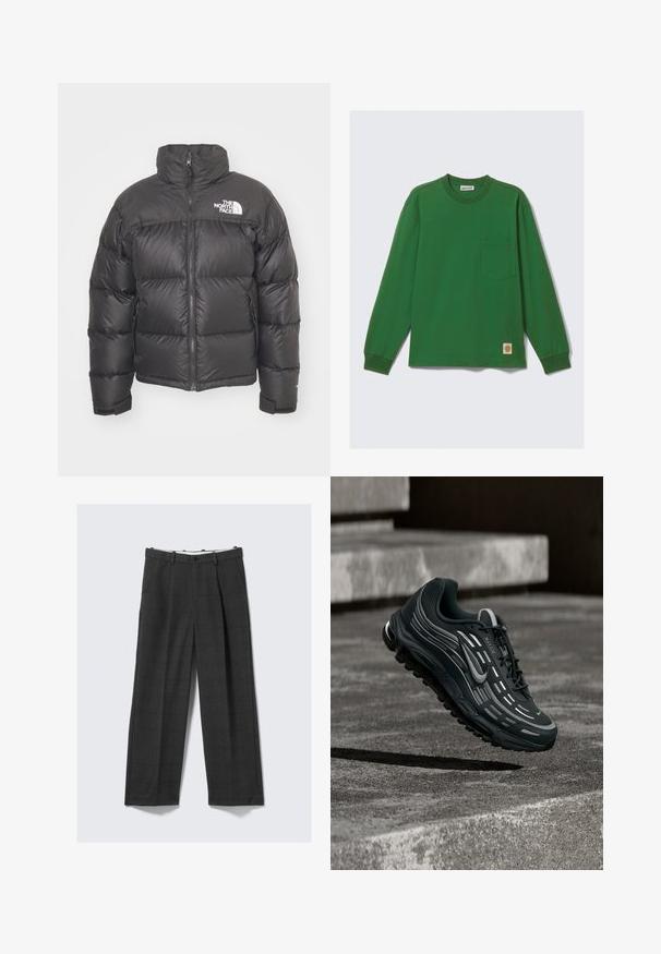 Schwarze Pufferjacke mit hohem Kragen, Reißverschluss und Logo. Verfügt über gesteppten Elemente und elastische Bündchen für zusätzlichen Wärme.; Langärmliges grünes Baumwollhemd mit Rundhalsausschnitt, einer einzelnen Brusttasche und einem kleinen Logopatch am Saum. Glatte Textur, bequeme Passform.; Weite, dunkelgraue Hose mit kariertem Muster, gefertigt aus strukturiertem Stoff. Mit Knopfverschluss und zwei Seitentaschen.; Schwarzer und grauer Nike Air Max Sneaker, der über graue Betonstufen mit strukturiertem Bodenhintergrund schwebt.
