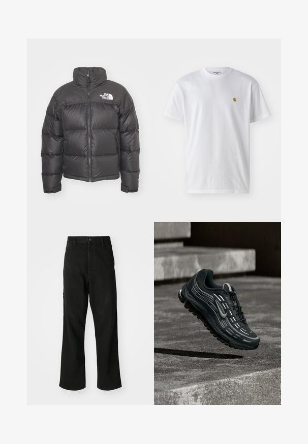 Sort puff jakke med høj hals, lynlås og logo. Har kviltede sektioner og elastiske manchetter for ekstra varme.; Hvid bomulds t-shirt med korte ærmer, rund hals og et lille guld logo på venstre brystområde. Blød tekstur og almindelig pasform.; Sort lige ben jeans med knaplukning, bæltestropper og forlommer på en ensfarvet hvid baggrund.; Sort og grå Nike Air Max sneaker, der flyder over grå betontrin med tekstureret jordbaggrund.