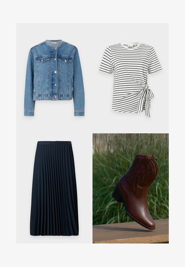 Lyseblå denimjakke med rund halsudskæring, knaplukning, to brystlommer og lange ærmer. Har stikninger og sølvknapper som detaljer.; Hvid kortærmet skjorte med sorte vandrette striber og en bundet sløjfe-detalje på højre side tæt ved taljen.; Fryse navy nederdel med en struktureret talje, lavet af et glat stof, med jævnt fordelt lodrette frynser og en længde til midt på læggen.; Brun læder cowboystøvle med dekorative syninger, vinklet opad på en træflade med sløret grønt græs i baggrunden.