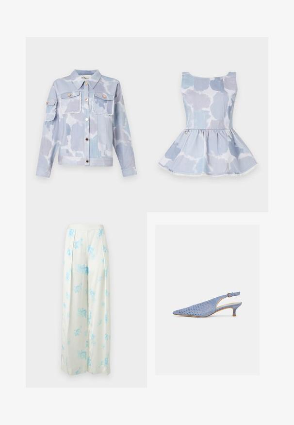 Veste en jean bleu clair avec un motif de nuages, deux poches avant, des boutons dorés et des détails effilochés en bas. Manches longues avec des poignets boutonnés.; Haut peplum en denim bleu clair avec un motif tie-dye, doté d'un décolleté en scoop et d'un détail doré à la taille.; Pantalon blanc à jambes larges avec imprimé floral bleu clair, devant plissé, et taille haute sur fond uni.; Chaussure femme à talon kitten en daim bleu clair avec lanière arrière, motifs perforés et boucle réglable sur fond uni.