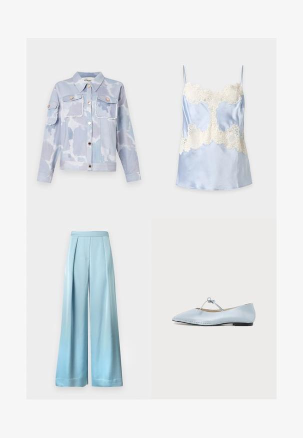 Veste en jean bleu clair avec un motif de nuages, deux poches avant, des boutons dorés et des détails effilochés en bas. Manches longues avec des poignets boutonnés.; Camisole en satin bleu clair avec détails en dentelle blanche sur la poitrine et la taille, dotée de fines bretelles et d'une finition lisse.; Pantalon bleu clair à jambes larges, taille haute et plis devant, conçu pour une coupe ample et fluide.; Chaussure plate bleu clair à bout pointu avec une fine sangle nouée sur le dessus et un petit talon noir.