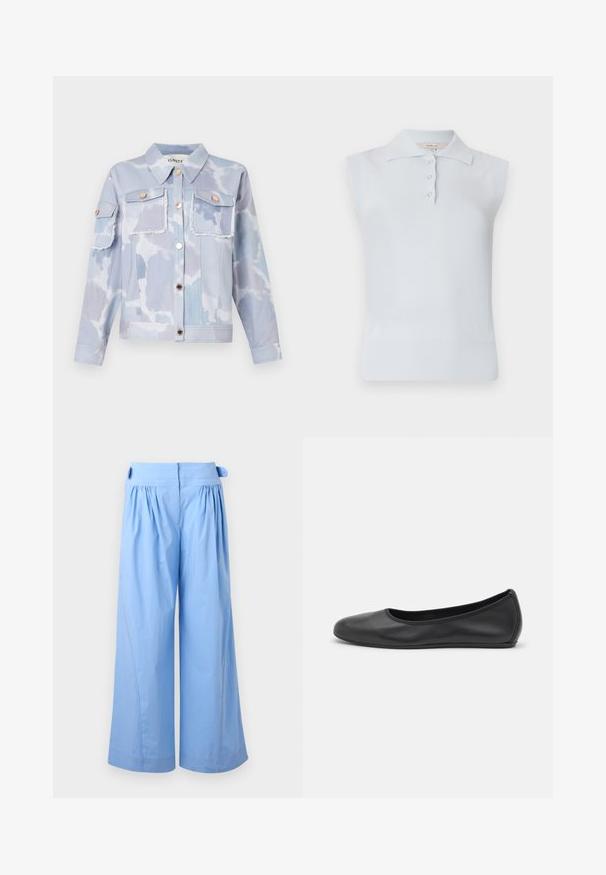 Lyseblå denimjakke med sky-mønster, to forlommer, guldfarvede knapper og slidte kanter. Lange ærmer med knapmanchetter.; Lyseblå ærmeløs polo med traditionel krave, tre-knaps placket og ribbet kant. Fremstillet af et glat, blødt stof.; Lyseblå bukser med vide ben, høj talje, forreste folder og knapdetaljer på siderne af taljen.; Sort læderballetsko med rund tå, glat tekstur, minimal syning og et fleksibelt såldesign.