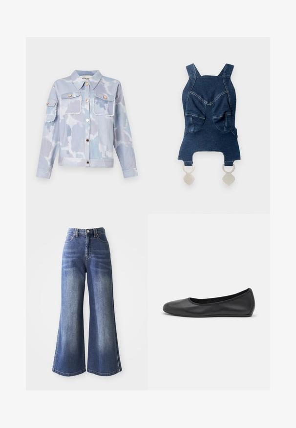 Veste en jean bleu clair avec un motif de nuages, deux poches avant, des boutons dorés et des détails effilochés en bas. Manches longues avec des poignets boutonnés.; Haut en denim avec de larges bretelles, deux poches avant, un décolleté arrondi et des éléments en métal argenté en bas pour la fermeture.; Jean en denim à jambe large dans un bleu moyen, présentant une taille haute, un design à cinq poches et des coutures contrastées le long des ourlets et des côtés.; Ballerines en cuir noir avec un bout rond, texture lisse, détails de couture minimalistes et design de semelle flexible.
