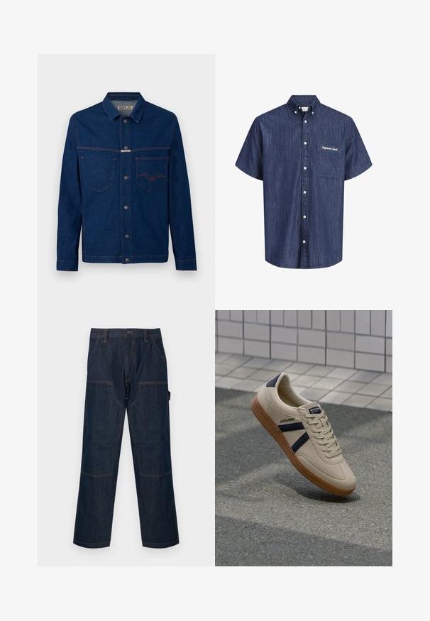 Veste en denim bleu foncé à manches longues, fermeture à boutons, poches poitrine, et surpiqûres contrastantes orange, étiquetée Replay sur le col et la poche.; Chemise en denim bleu foncé à manches courtes, boutonnée, col boutonné et poche poitrine brodée d’un texte blanc.; Pantalon de travail en denim bleu foncé avec jambes droites, genoux renforcés, poches latérales, passants de ceinture et fermeture avant par boutons.; Baskets beiges avec une finition texturée, bandes navy et semelle en caoutchouc. Équipées d'une languette rembourrée et d'un système de laçage traditionnel pour un maintien sécurisé.