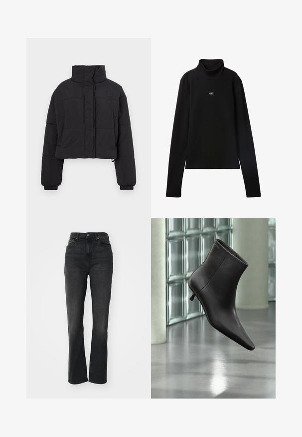 Afkortet sort puffersommejakke med høj krave, der har quiltede sektioner, elastiske manchetter og et lille logo på brystet.; Sort ribstrikket bluse med lange ærmer og lille firkantet Calvin Klein-logo placeret centralt på brystet.; Højtaljede sorte denim jeans med lige ben, fem-lomme design, frontlukning med knap og minimal syning.; Sort læderankelstøvle med spids tå og lille hæl vist mod en væg af glasblokke og poleret gulv baggrund.