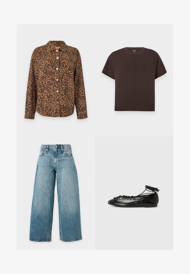 Veste boutonnée à imprimé léopard avec col, deux poches avant et boutons en or rose. Confectionnée en tissu texturé aux tons marron et noir.; T-shirt marron foncé à manches courtes et col rond, coupe droite, avec une étiquette GAP à l'intérieur du col sur un fond gris clair.; Jean en denim bleu clair taille haute à jambe large, cinq poches, passants de ceinture et braguette à boutons, présenté sur un fond uni.; Ballerines en cuir verni noir avec un bout rond, un design à lacets et une semelle plate. Texture lisse avec peu de détails.