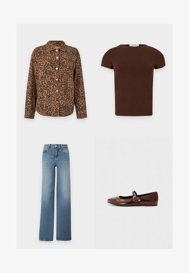 Veste boutonnée à imprimé léopard avec col, deux poches avant et boutons en or rose. Confectionnée en tissu texturé aux tons marron et noir.; T-shirt marron à manches courtes, col rond, design uni avec une étiquette Topshop au niveau de l'encolure.; Jeans en denim bleu clair à jambes larges avec poches avant, fermeture par bouton, et texture délavée de la taille à l'ourlet.; Ballerine en cuir verni marron avec un bout carré et une lanière ornée d'une petite boucle dorée. Texture lisse, talon bas et design minimaliste.