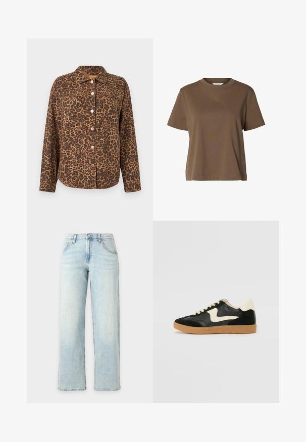 Veste boutonnée à imprimé léopard avec col, deux poches avant et boutons en or rose. Confectionnée en tissu texturé aux tons marron et noir.; T-shirt marron à manches courtes et col rond, en tissu uni, coupe décontractée avec peu de coutures.; Jean bleu clair à jambe droite avec poches avant, passants de ceinture et fermeture par bouton sur fond blanc uni.; Baskets en daim et cuir noir avec un swoosh latéral crème et un talon crème clair. Dotées de lacets beige et d'une semelle en caoutchouc gomme.