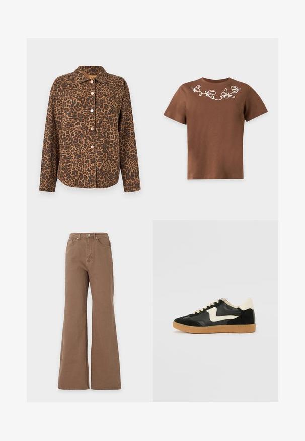 Veste boutonnée à imprimé léopard avec col, deux poches avant et boutons en or rose. Confectionnée en tissu texturé aux tons marron et noir.; T-shirt marron à manches courtes avec un dessin en lignes blanches de papillon sur le haut de la poitrine et le col sur un fond uni.; Jean marron taille haute avec jambe évasée, fermeture par boutons sur le devant, poches avant et arrière, présenté sur un fond uni.; Baskets en daim et cuir noir avec un swoosh latéral crème et un talon crème clair. Dotées de lacets beige et d'une semelle en caoutchouc gomme.