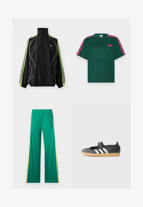 adidas Originals TEAMGEIST ADICOLOR - Overgangsjakke - black/signal green; Grøn kortærmet t-shirt med lyserøde striber på skuldrene og Adidas trefoil-logo på brystet.; Grønne træningsbukser med gule sidelommer, elastisk talje og lynlåslommer, vist fladt mod en hvid baggrund.; Sort læder- og ruskinds sneakers med en Velcro-rem, der har tre hvide striber og en gummisål, mærket "SAMBA" på siden.
