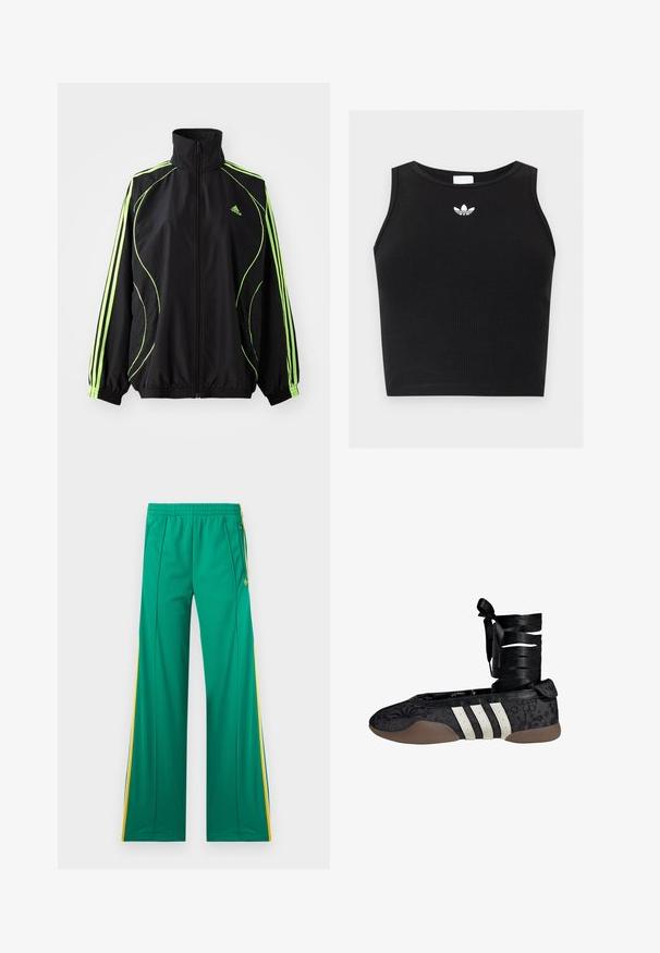 adidas Originals TEAMGEIST ADICOLOR - Jas - black/signal green; Zwarte geribbelde mouwloze cropped top met ronde hals en klein wit Adidas trefoil-logo gecentreerd bij de kraag.; Groene trainingsbroeken met gele zijstrepen, een elastische tailleband en ritszakken, plat weergegeven tegen een witte achtergrond.; Zwarte ballerinaschoen met bloemenpatroon, wit drie-strepenontwerp en een stoffen enkelband. Gestructureerd materiaal en een flexibele bruine zool.