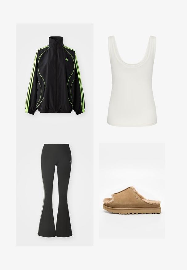 adidas Originals TEAMGEIST ADICOLOR - Jas - black/signal green; Wit mouwloos hemd met brede schouderbanden en een ronde halslijn, weergegeven tegen een effen achtergrond.; Zwarte flared leggings van rekbare stof, voorzien van een hoge tailleband en witte zijstrepen. Inclusief klein logo op de taille.; Beige suède instappantoffel met zachte fleece voering en rubberen zool, met een UGG-logo aan de zijkant, op een effen witte achtergrond.