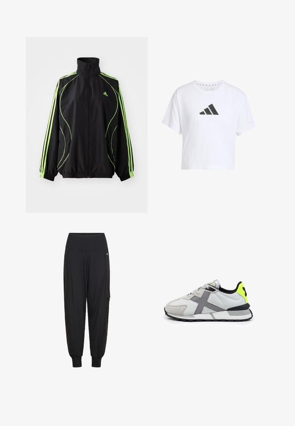 adidas Originals TEAMGEIST ADICOLOR - Übergangsjacke - black/signal green; Weißes, cropped T-Shirt aus Baumwolle mit einem schwarzen Logo mit drei Streifen auf der Vorderseite, ausgestattet mit kurzen Ärmeln und einem runden Halsausschnitt.; Schwarze Jogginghose mit gerippter Textur, elastischem Bund, Seitentaschen und schmal zulaufenden Bündchen. Hergestellt aus leichtem, elastischem Material.; MUNICH SOKU - Sneaker low - light grey
