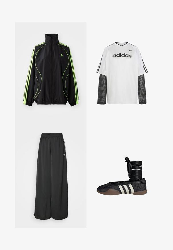 adidas Originals TEAMGEIST ADICOLOR - Veste mi-saison - black/signal green; Chemise Adidas à manches longues blanche avec manches en filet noir, logo Adidas noir et texte sur la poitrine, et trois bandes noires sur les manches épaules.; Pantalons de jogging noirs amples en tissu lisse. Comprend une taille élastique et des bandes latérales avec des accents de logo.; Ballerine noire avec motif floral, design à trois bandes blanches, et un lien en tissu autour de la cheville. Matériau texturé et semelle souple marron.