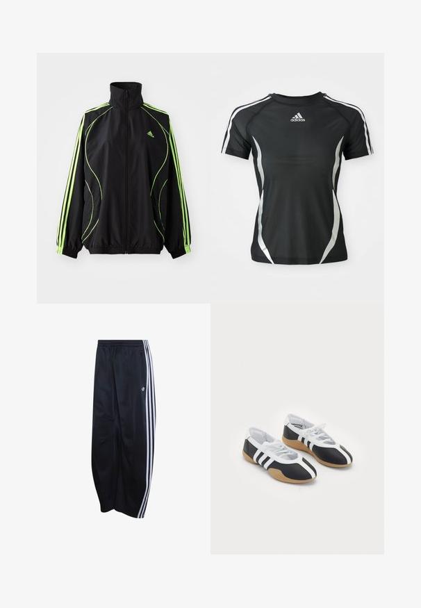 adidas Originals TEAMGEIST ADICOLOR - Chaqueta de entretiempo - black/signal green; Camiseta atlética negra de Adidas de manga corta con rayas blancas en los hombros y acentos curvados plateados a los lados.; Pantalones deportivos negros Adidas con cintura elástica, triple raya blanca a los lados, bolsillo con cremallera y logo en la pierna izquierda.; Zapatillas deportivas en blanco y negro con un diseño elegante, suela de goma, cierre de cordones y tres franjas blancas en los lados.