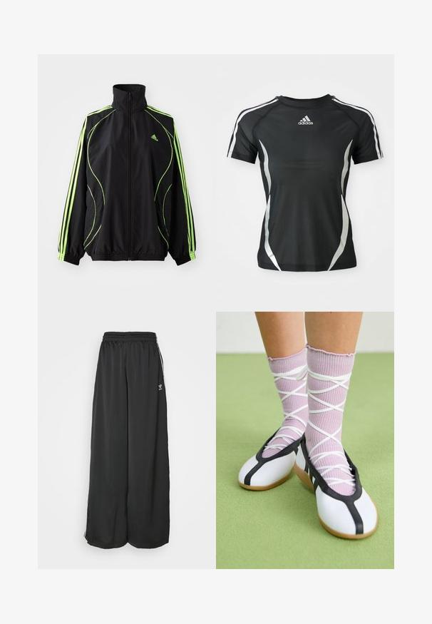 adidas Originals TEAMGEIST ADICOLOR - Ľahká bunda - black/signal green; Čierne športové tričko Adidas s krátkym rukávom, s bielymi pruhmi na ramenách a striebornými zakrivenými akcentmi po stranách.; Čierne široké tréningové nohavice vyrobené z hladkej látky. Obsahujú elastický pás a bočné pruhy s logom.; Nohy v rebrovaných levanduľových ponožkách s bielymi krížovými pásmi v kombinácii s bielymi baletnými papučkami s čiernym lemom na zelenej podlahe.