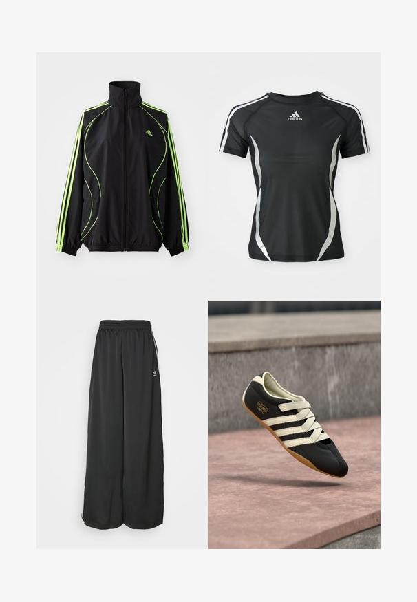 adidas Originals TEAMGEIST ADICOLOR - Jas - black/signal green; Zwarte Adidas sport T-shirt met korte mouwen, voorzien van witte strepen op de schouders en zilveren gebogen accenten aan de zijkanten.; Zwarte, loszittende trainingsbroek van gladde stof. Voorzien van een elastische tailleband en zijstrepen met logo-accenten.; Zwart sportschoen met crèmekleurige strepen en veters, met een laag profiel, gladde textuur en een rubberen zool voor grip. Merkenlabel zichtbaar.