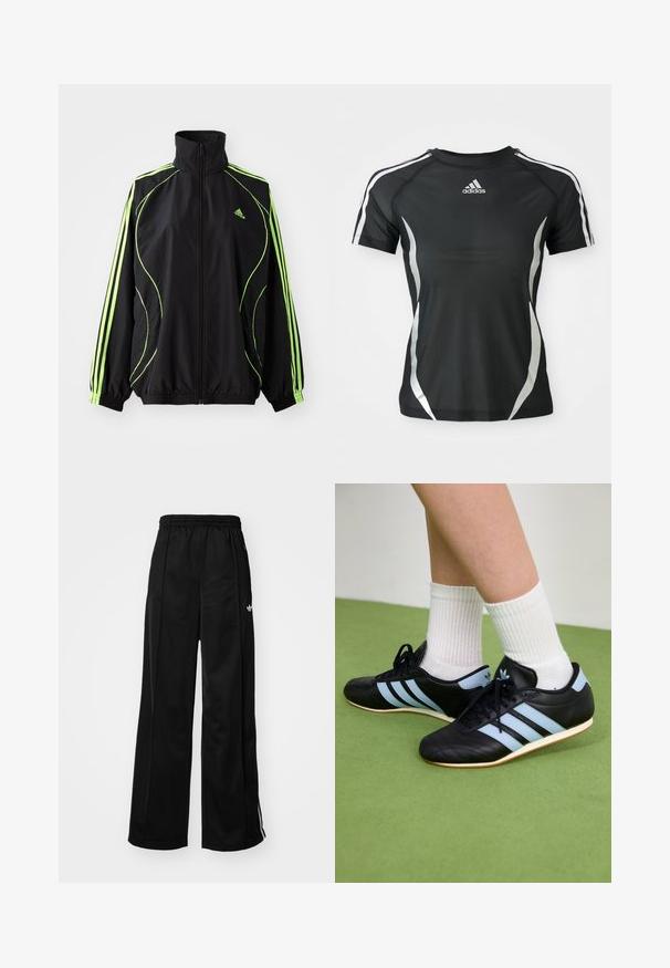 adidas Originals TEAMGEIST ADICOLOR - Chaqueta de entretiempo - black/signal green; Camiseta atlética negra de Adidas de manga corta con rayas blancas en los hombros y acentos curvados plateados a los lados.; Pantalones de chándal negros de pierna ancha con cinturilla elástica, que cuentan con rayas laterales blancas y un pequeño logo en la cadera izquierda. Textura de tela suave.; Zapatillas deportivas de cuero negro con rayas azul claro, parte superior texturizada y suelas de goma, combinadas con calcetines de rayas blancas sobre un suelo verde.